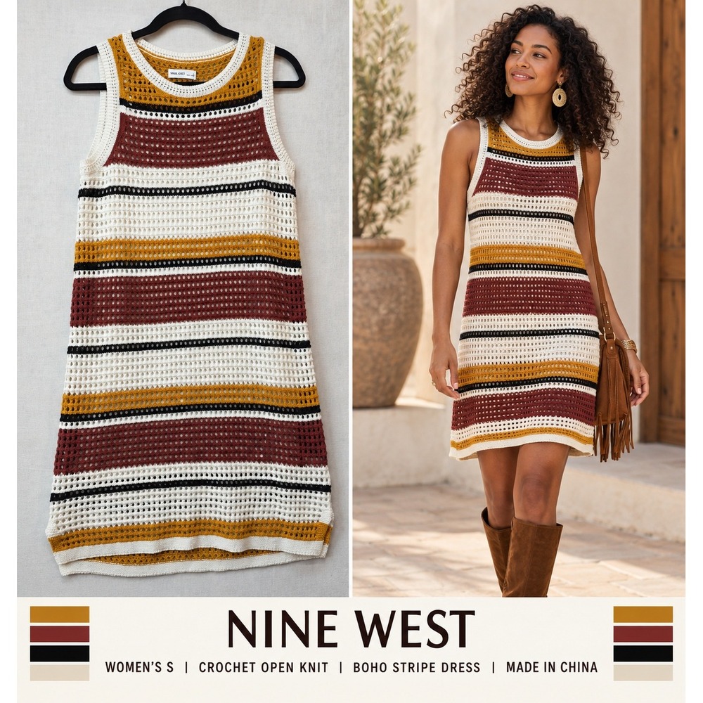 Nine West Crochet Striped Shift Dress Womens Small Cotton, Boho, 70s Style,Retro